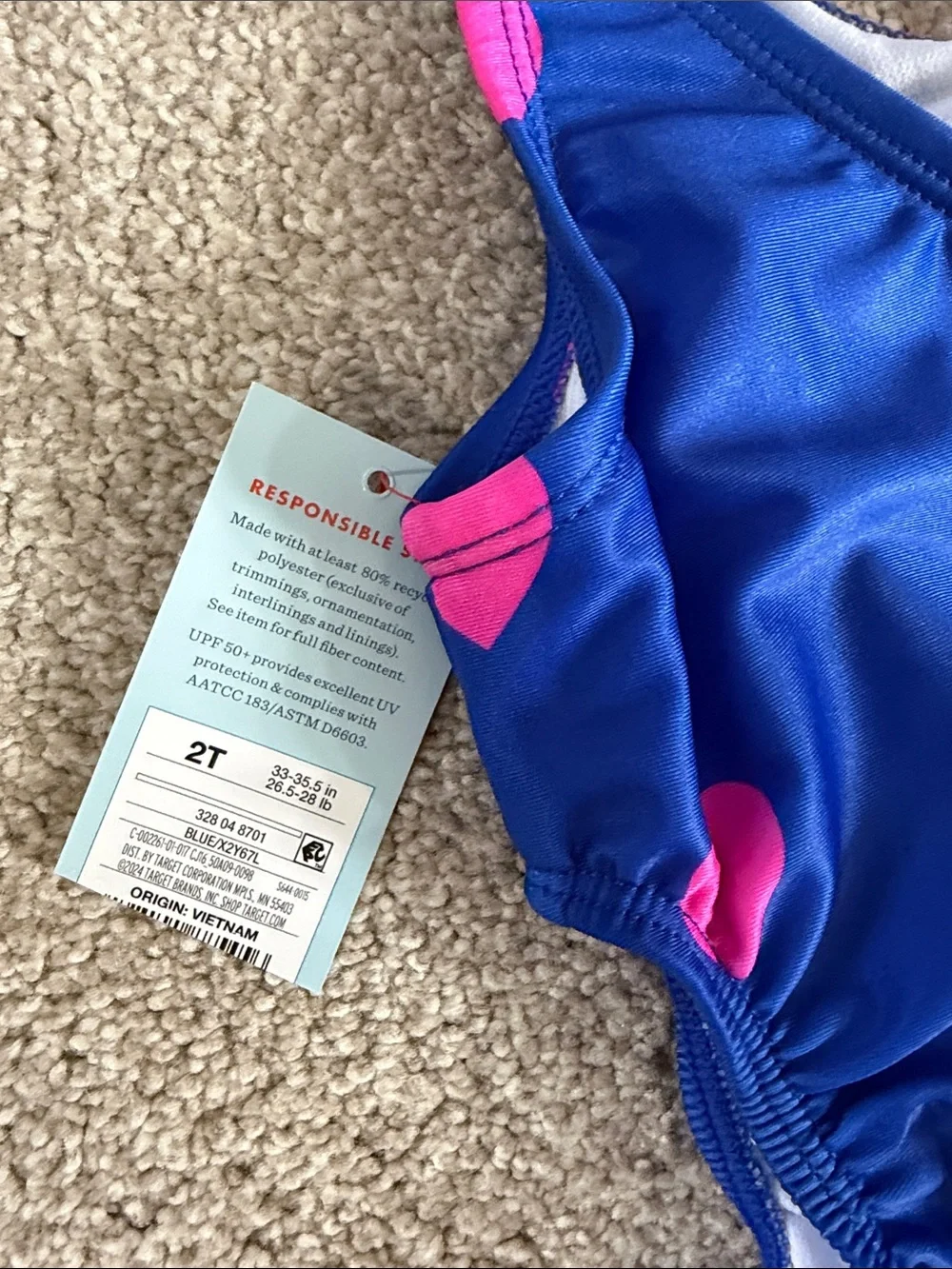 NWT Girls Blue One-Piece Cutout Swimsuit with Pink Heart Print 2T
